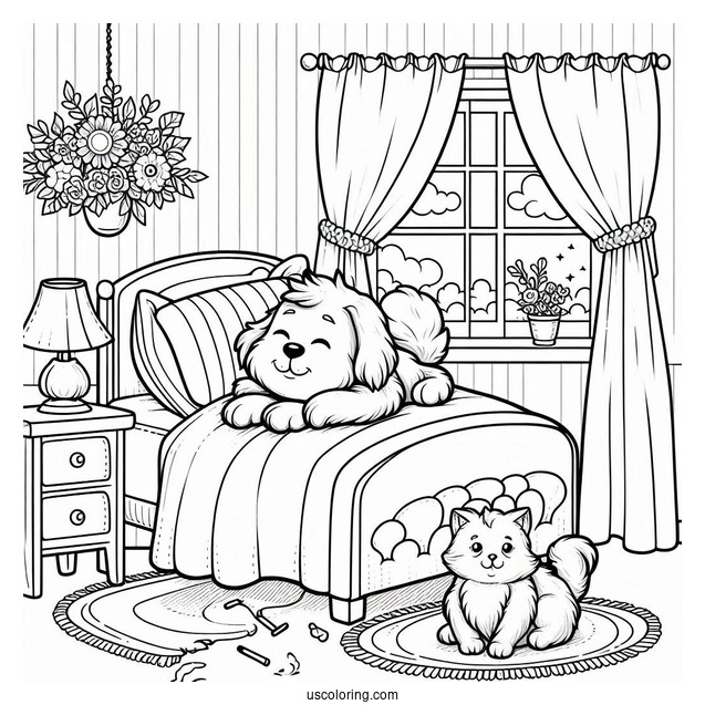 Bedroom Coloring Page Of Dog And Cat Resting On A Bed For Kids