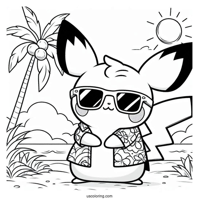 Pichu Coloring Page In Sunglasses And Hawaiian Shirt At The Beach