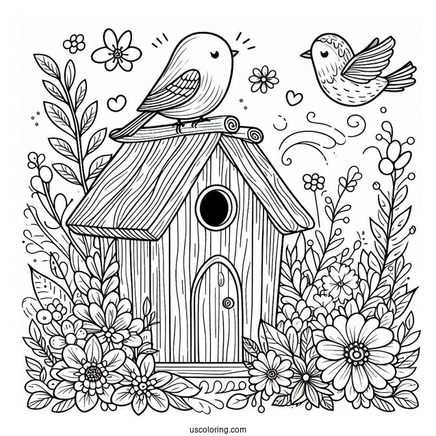 Spring Coloring Page Of Bird House With Flowers And Bird
