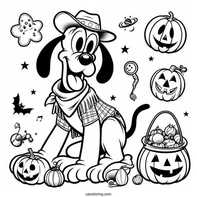 Pluto Coloring Page In Cowboy Costume Trick Or Treating For Halloween