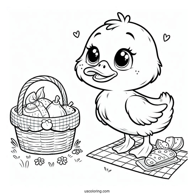 Duckling with Picnic Basket and Food Coloring Sheet For Preschoolers