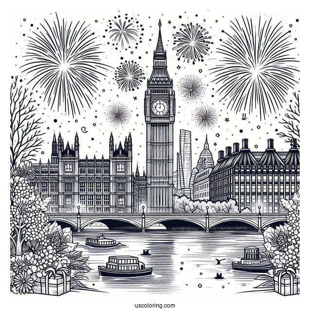 Classy New Year Coloring Page Of Celebration In London With Fireworks Behind The Big Ben