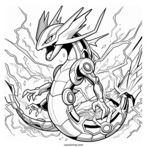 Detailed Mega Rayquaza Coloring Page Surrounded By Electricity