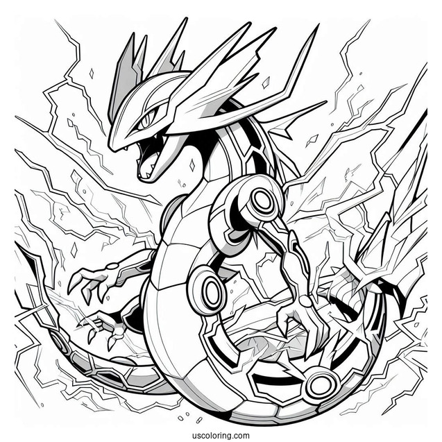 Detailed Mega Rayquaza Coloring Page Surrounded By Electricity