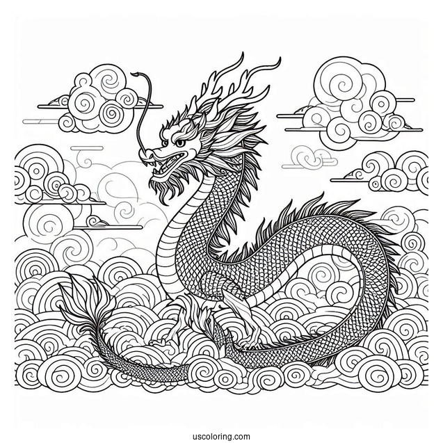 Mushu Dragon With Cloudy Sky Background Coloring Page For Kids