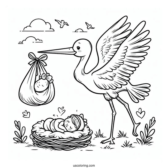 Stork Delivering A Baby Coloring Page