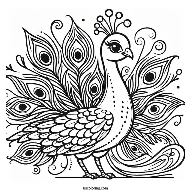Cartoon Peacock Coloring Page Showing Off Fancy Tail Feathers For Kids