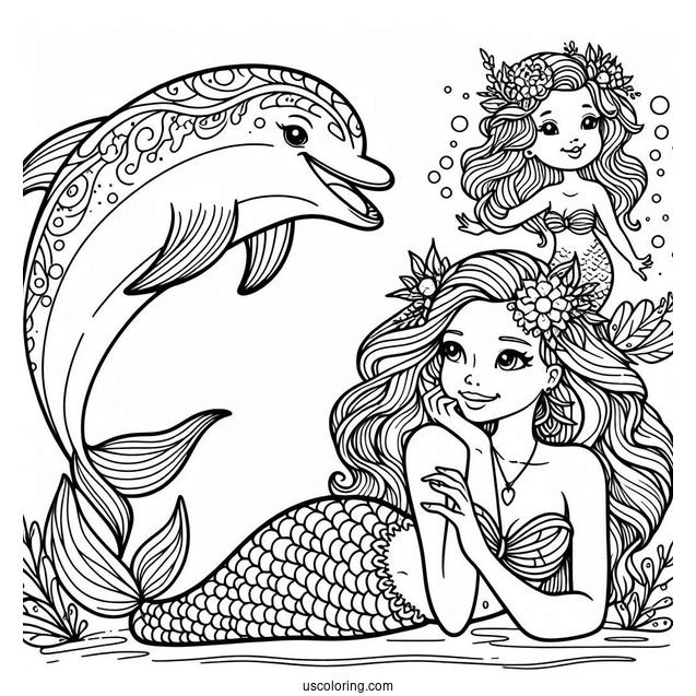 Dolphin And Mermaid Coloring Page For Kids