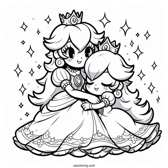 Princess Peach Hugging Princess Rosalina Coloring Page
