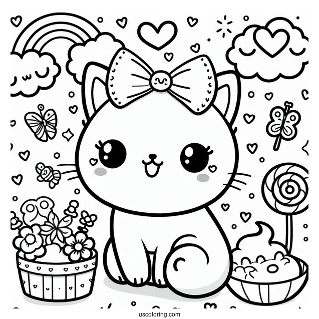 Kawaii Cat With Bow Coloring Page For Preschoolers