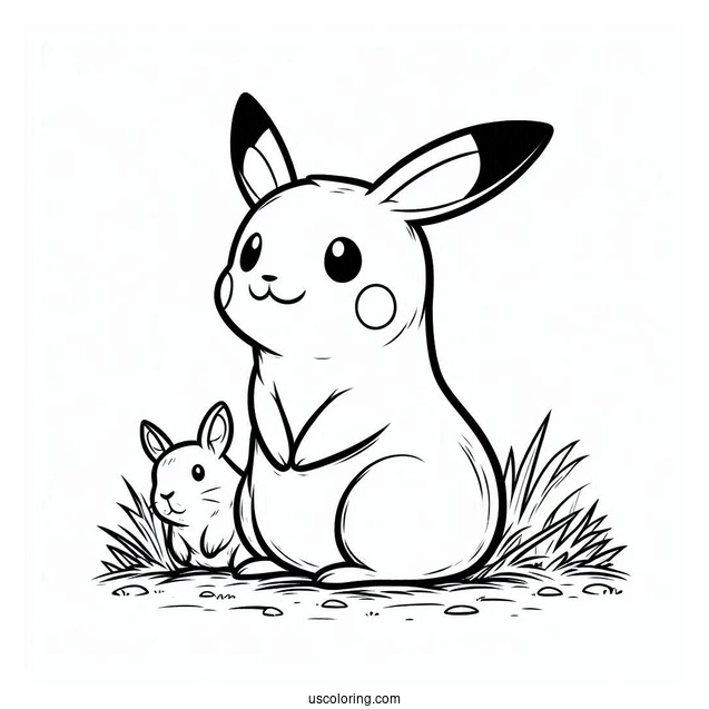 Pikachu Sitting On The Grass With A Capybara Coloring Page For Kids