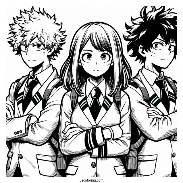 My Hero Academia Coloring Page Of Izuku, Katsuki, Shouto, And Ochako