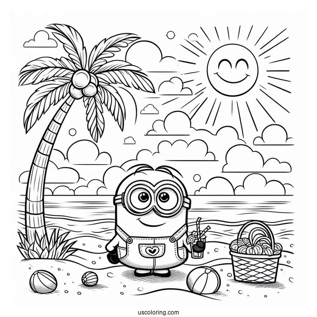 Cute Minion At The Beach Coloring Page For Kids