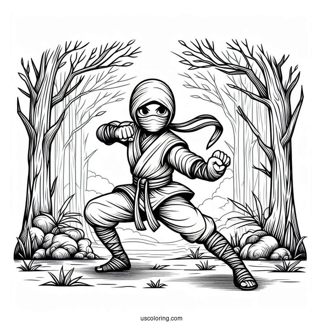 Ninja In A Fighting Stance In The Forest