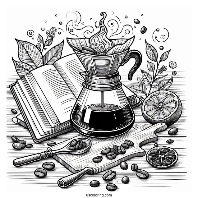 Coffee Coloring Pages Of Freshly Brewed Pour Over Coffee In Front Of Open Book