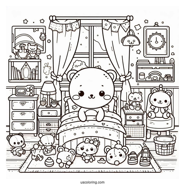 Kawaii Kid's Bedroom Coloring Page Full Of Toys For Kids