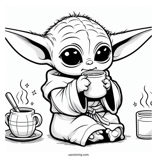 Cute Kawaii Baby Yoda Drinking Tea