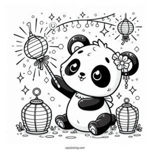 Panda Coloring Page with Sparkling Wand and Floating Lanterns For Kids