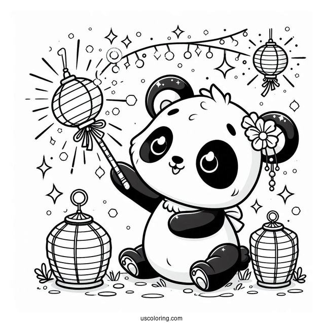 Panda Coloring Page with Sparkling Wand and Floating Lanterns For Kids