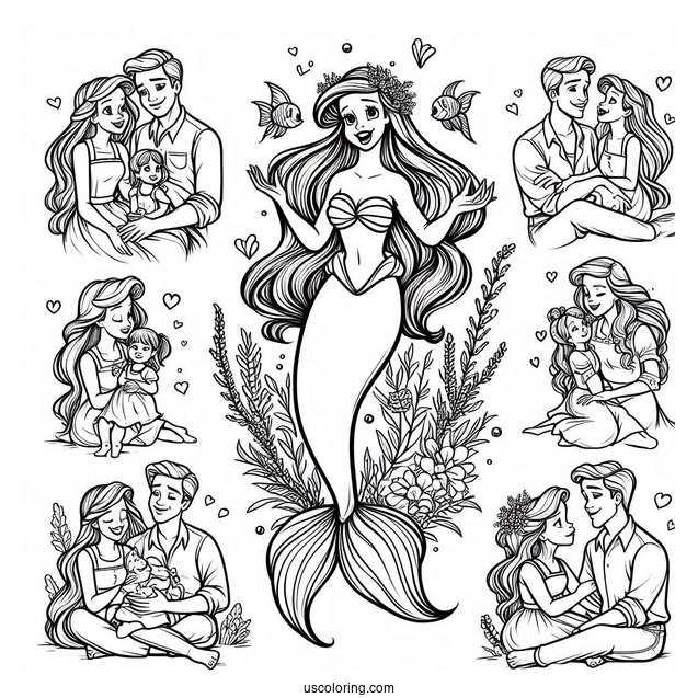 Ariel With Her Entire Family Coloring Sheet