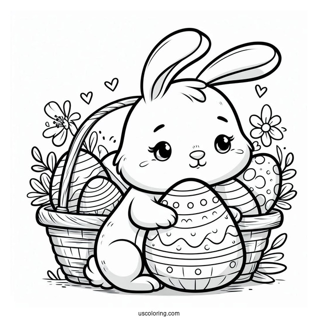 Cartoon Rabbit Coloring Page Hugging A Basket Of Easter Eggs