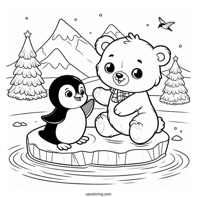 Young Bear And Penguin Floating On An Ice In The North Pole Coloring Page