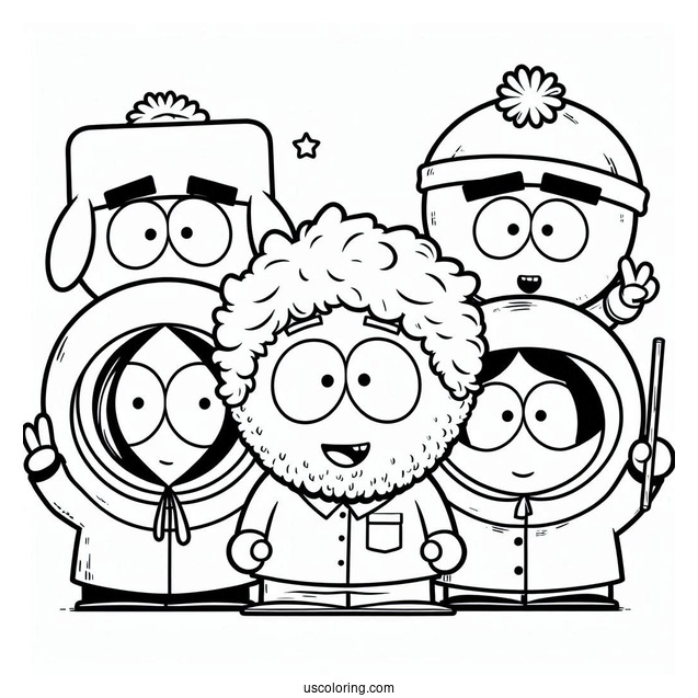 Eric, Kyle, Stan, And Kenny Waving South Park Coloring Page