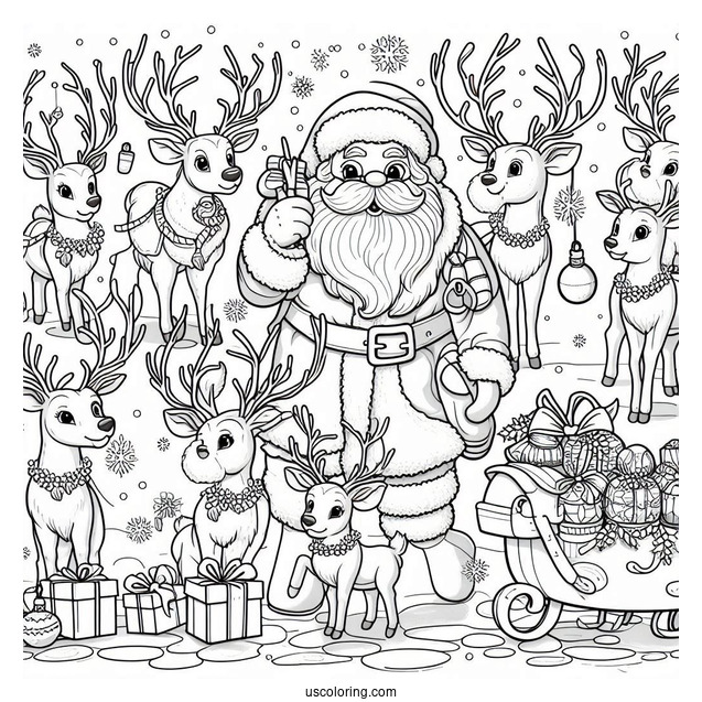 Santa And His Nine Reindeer Coloring Page
