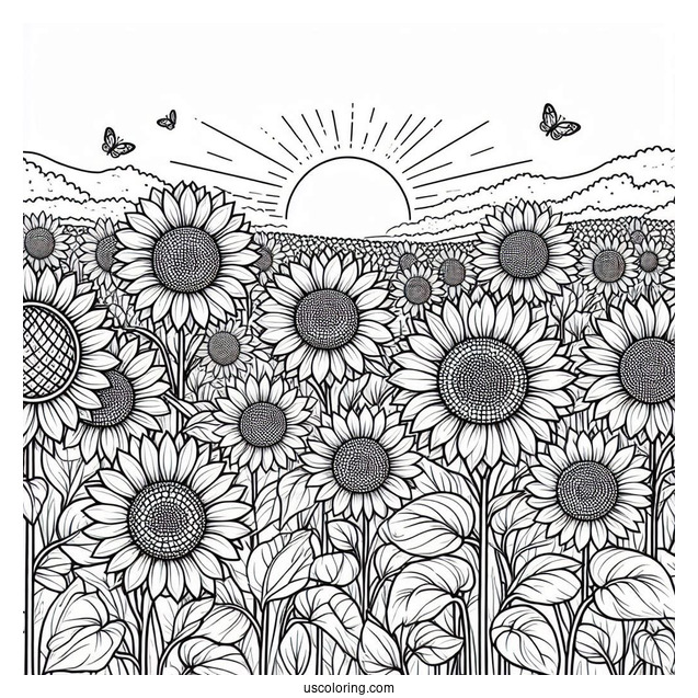 Field Of Sunflowers Coloring Page