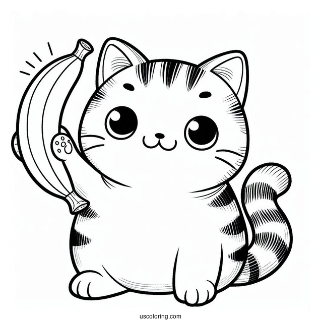 Tabby Cat Holding Up A Banana Coloring Page For Kids
