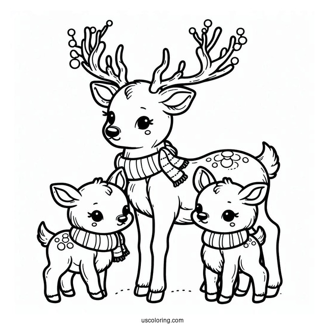 Mom Reindeer With Two Babies To Color