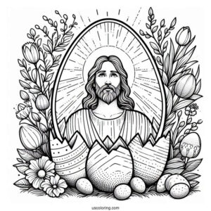Resurrected Jesus in a Spring Easter Egg Coloring Page
