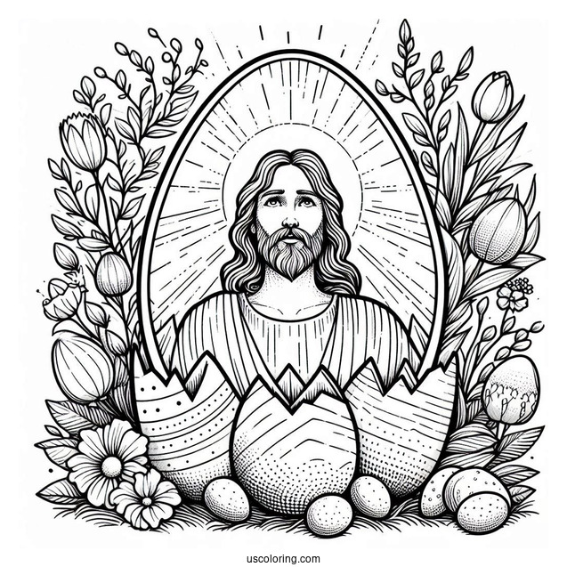 Resurrected Jesus in a Spring Easter Egg Coloring Page