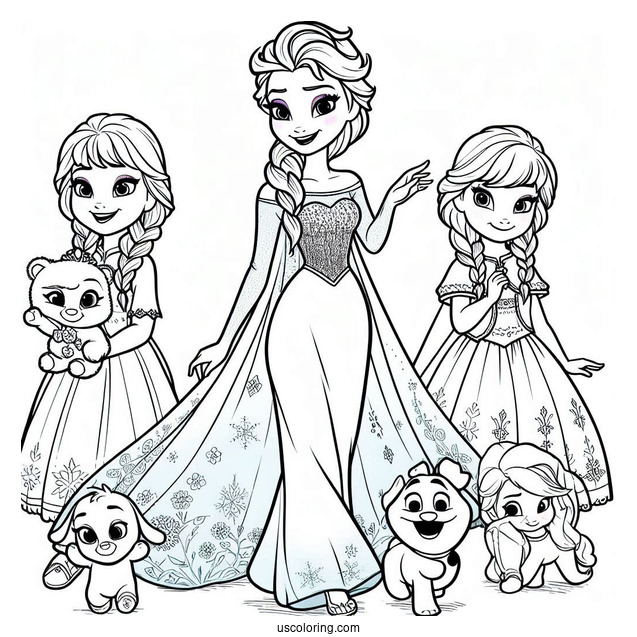 Elsa With Friends From Frozen Coloring Page
