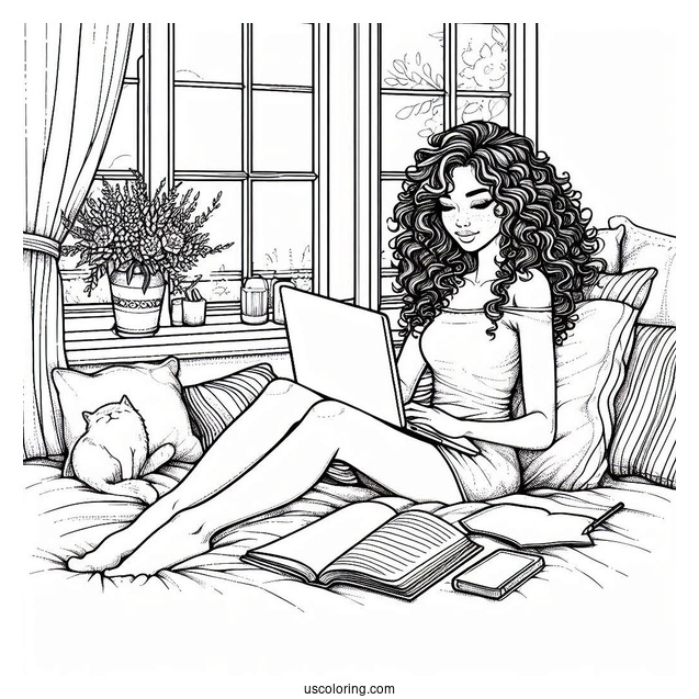 Woman Reading On A Window Bay With Laptops And Books Bedroom Coloring Page