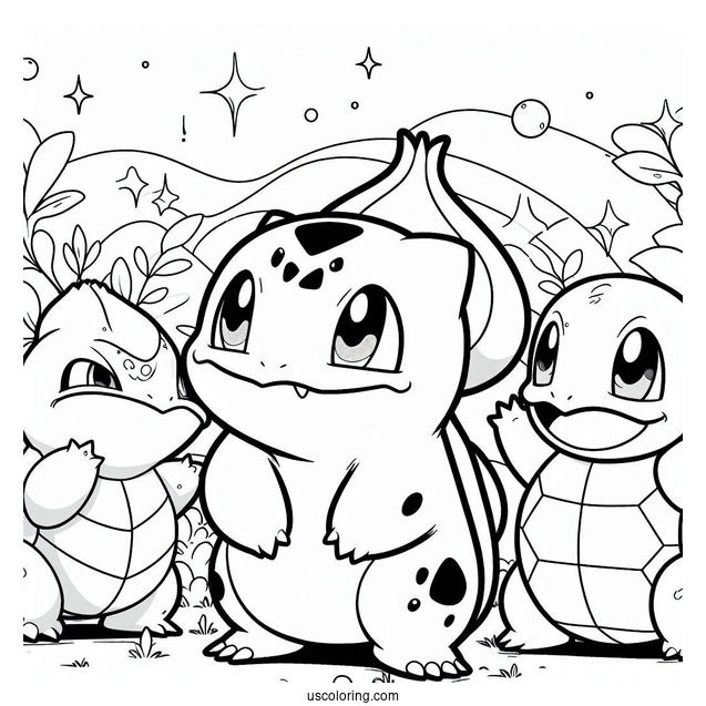 Bulbasaur Coloring Page Playing With Charmander And Squirtle