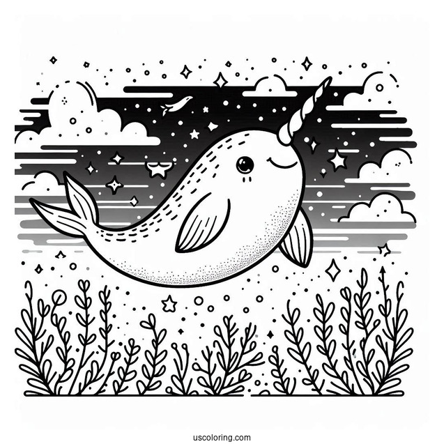 Cute Narwhal Coloring Page Flying In The Night Sky