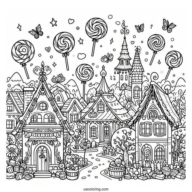 Magical Candy Village Coloring Page