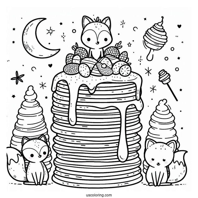 Easy Pancake Coloring Page Tower With Syrup And Tiny Foxes For Preschoolers