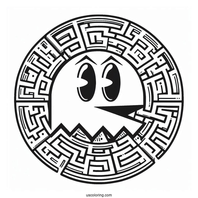 Smirking Pac-Man Coloring Page With Maze In Background