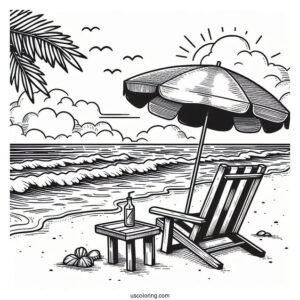 Beach Coloring Page Chair And Umbrella Facing The Sea