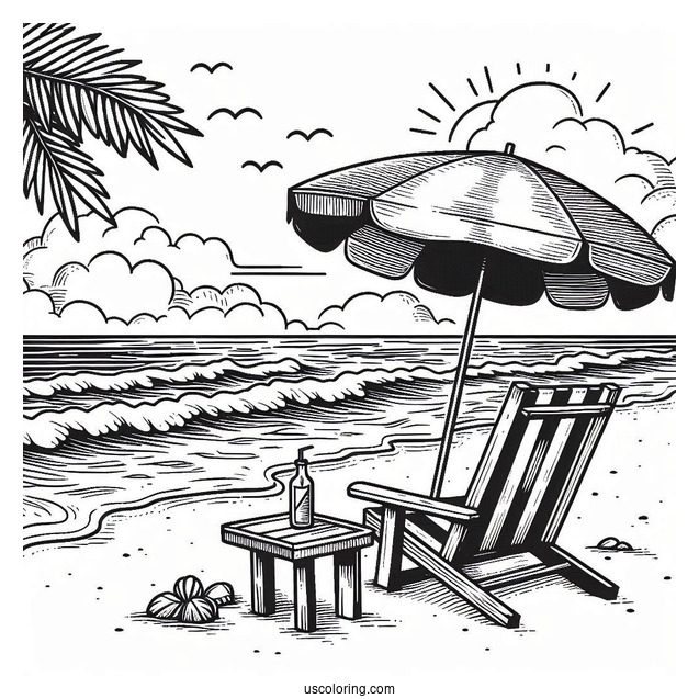 Beach Coloring Page Chair And Umbrella Facing The Sea