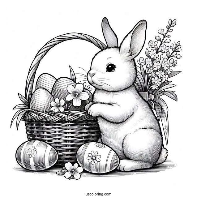 Easter Coloring Page Of Realistic Bunny Next To Basket Of Easter Eggs