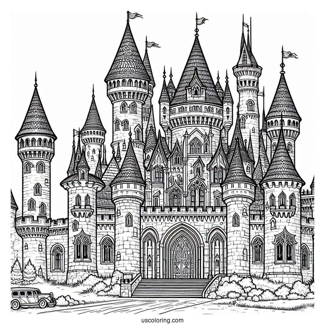 Massive Castle Coloring Page With Towers In The Corner