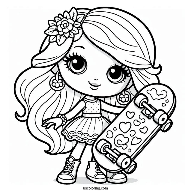 Easy Polly Pocket Coloring Page Holding Skateboard