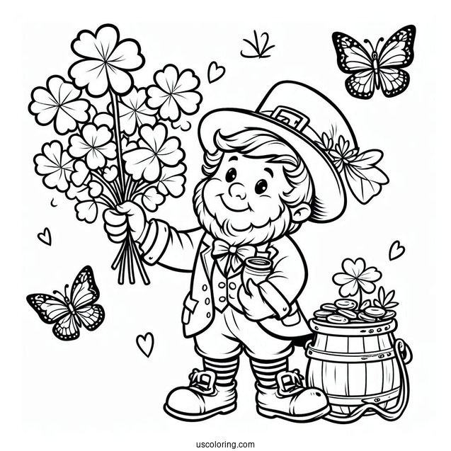 St. Patrick's Day Coloring Page Of Leprechaun Holding Up A Bunch Of Clovers