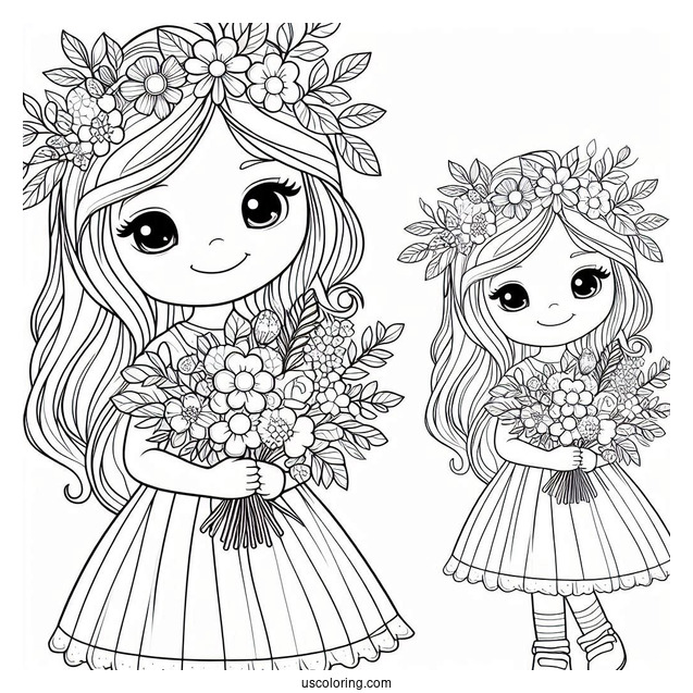 Pretty Little Girl Holding A Flower Bouquet In Spring Coloring Page For Kids
