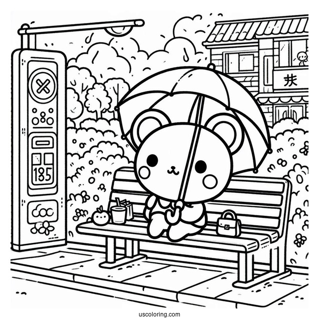 Pochacco Coloring Page Waiting At Bus Stop With Umbrella