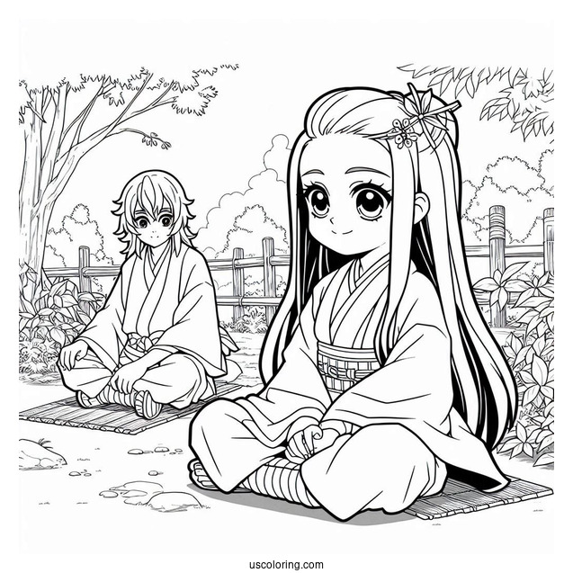 Nezuko Coloring Page Sitting Next To Inosuke In Garden