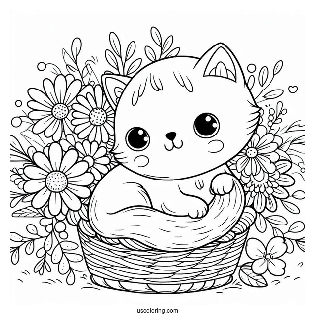 Cartoon Cat With Flowers Coloring In For Preschoolers
